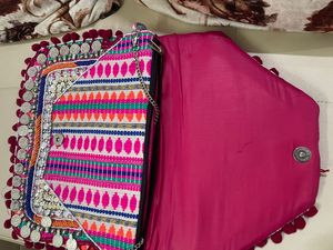 Superior Quality <b>White</b> & Pink Embroidered Boho <b>Clutch</b> Banjara Bag for Modern Women - Product Image 3