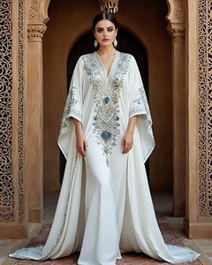 Luxurious Handmade Vintage Straight Women's Palestine Thobe Elegant Crystal Embellished Breathable Satin Knee-Length Evening - Product Image 1