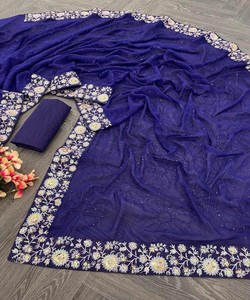 ATRACTIVE GEORGETTE BORDADO SECUENCIA AREA DE TRABAJO CON BLUSA DESCOSTADA DESPIECE DE FIESTA PRECIO AL POR MAYOR ROPA ÉTNICA AZUL OSCURO - Product Image 4