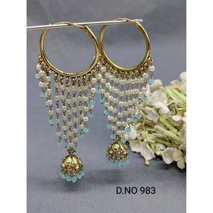 Twini Mehandi Hoop Bali Jhumki <b>Earring</b> Trendy Cute Brass Gold Geometric Tassel Shape Featuring Pearl Wedding Maharashtra - Product Image 2