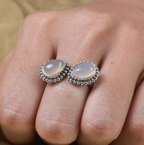 Meilleure qualité solide 925 argent Sterling naturel Aqua calcédoine poire Cabochon 7x9mm pierre précieuse solide 925 bague fine en argent Sterling - Product Image 1