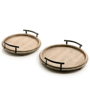 Best Selling 2-Piece Bamboo <b>Serving</b> <b>Tray</b> Set Rectangular Natural Wooden <b>Tray</b> Custom Size <b>Rounded</b> Metal Handle Home Decorative - Product Image 1