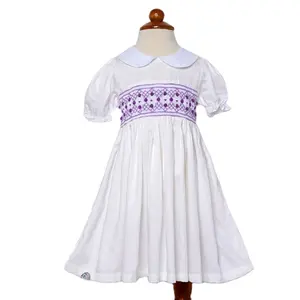 2022 Girls Summer Smocked Dress with Peter Pan Collar Smocking Cotton Dress Toddler Girl Embroidery Frock Smoked Clothes