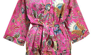 เสื้อคลุมกิโมโนผ้าฝ้ายอินเดียน้ำหนักเบาพิมพ์ลายสีชมพูสำหรับผู้หญิงชุดนอนลำลองฤดูร้อนอาบน้ำอาบน้ำชุดคลุมชายหาดฤดูใบไม้ร่วง - Product Image 3
