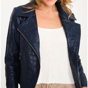 Chaqueta de cuero de cocodrilo exótico azul oscuro para mujer, estilo motero, chaqueta de cuero de cocodrilo personalizada, abrigo de moto con cremallera asimétrica - Product Image 3