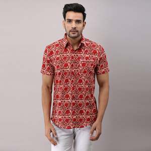 Men's Casual Red Cotton Floral Printed <b>Shirt</b> Woven Poplin Fabric Breathable XL Size Digital Printing Single Piece Package - Product Image 2