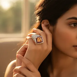 แหวนเงินวินเทจทันสมัยประดับพลอยสีส้มและฝังทับทิม - Product Image 3