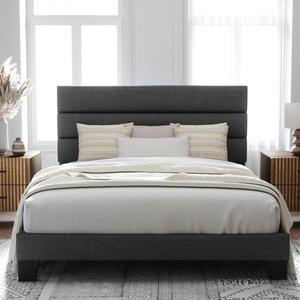 Base de <span class=keywords><strong>Cama</strong></span> Tapizada Resistente y Silenciosa, Estilo Minimalista, Lino Gris, Fácil de Montar, Embalaje Plano, Muebles para Dropshipping - Product Image 1