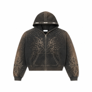 Sweat à capuche zippé en molleton French Terry délavé personnalisé, style boxy tendance, avec motif graphique vieilli, unisexe, pour le streetwear et les tenues décontractées - Product Image 4