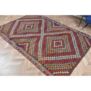 5.4x7.6 ft Turkish Kilim Rug, Vintage Rug, <b>Red</b> Animal Print <b>Wool</b> Rug - Product Image 5