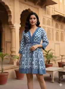 Robe d'été midi en coton bleu à imprimé numérique Ikat, col en V, style ethnique bohème indien, taille naturelle, lavable - Product Image 5