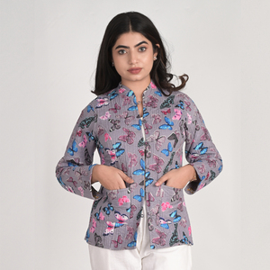 Handmade Quilted Floral Print Cotton <b>Jacket</b> Mandarin Collar Full Sleeve Spring Women's Outerwear for Christmas Gift - Product Image 2