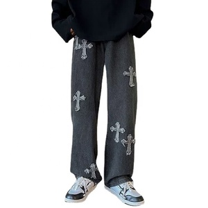 Pantalones vaqueros cruzados deshilachados de media calle con revestimiento personalizado para hombre, pantalones vaqueros desgastados retro de estilo hip hop informales al por mayor con logotipo en la cintura - Product Image 5