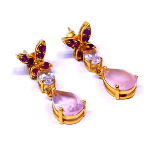 Vêtements de mariage 925 argent sterling plaqué or rubis rose quartz pierres précieuses attrayantes boucles d'oreilles élégantes - Product Image 1