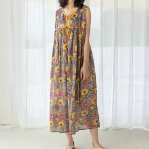 Yellow Tussels sin mangas Maxi vestido flor Handblock impreso bohemio vestido playa noche fiesta algodón largo Casual Midi vestido