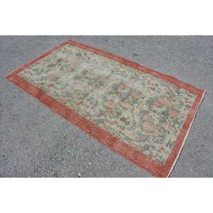 Alfombra turca Vintage Rectángulo grande 3,6X6,6 pies Clásico Rojo Beige Patrón de retazos abstracto Látex de lana para uso en el pasillo de adolescentes - Product Image 2