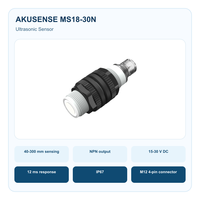 Capteur de proximité ultrasonique cylindrique AKUSENSE MS18-30N 40-300mm NPN 15-30V DC IP67 Connecteur M12 Réponse 12ms Intégré