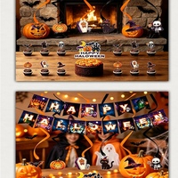 Bannière Joyeux Halloween, Guirlande de drapeaux citrouilles, Spirales suspendues, Ensemble de décorations pour gâteaux pour les fournitures de décoration de fête d'Halloween