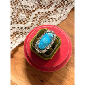 Emerson Degarito Handmade Kingman Turquoise Sterling <b>Silver</b> <b>Ring</b> <b>Emerald</b> Cut Diamond Bezel Setting Size 11.75 for Everyday Wear - Product Image 3