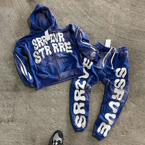 Achat en gros de vêtements streetwear à prix réduit, sweat-shirt à capuche et jogging avec impression graphique personnalisée, ensemble de survêtement en denim déchiré, 100% coton, bas prix - Product Image 1