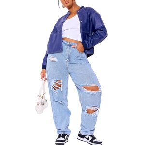 Pantalones Vaqueros Rotos de Talle Grande para Mujer, Invierno, Sólidos, de Talle Alto, Ajustados, Tipo Lápiz, Transpirables, Suaves, 100% Algodón, Cómodos - Product Image 1