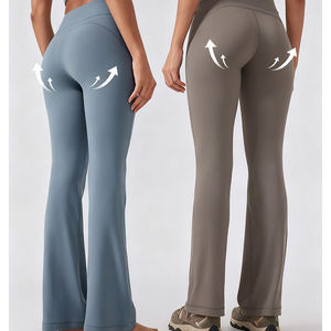 도매 하이 퀄리티 여성 와이드 레그 벨 바닥 패션 여성을위한 높은 허리 배 제어 피트니스 운동 플레어 요가 바지 - Product Image 1