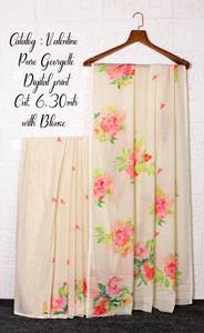 Saris en soie Georgette Pallu à impression numérique traditionnelle avec chemisier - Product Image 4