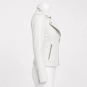 Premium <b>Women's</b> <b>White</b> PU Leather Moto <b>Jacket</b> Studded Lapel Collar Asymmetric Zipper Biker Style Spring/Winter Wear Waterproof - Product Image 4