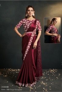 Lo último en seda satinada con bordado de lentejuelas y cuentas, Sari listo para usar, exportador y proveedor de moda para mujer de India - Product Image 6