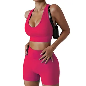 Conjunto de dos piezas personalizado para mujer, conjunto de Yoga para mujer, Camiseta corta sólida, pantalones cortos, traje de entrenamiento, ropa deportiva para gimnasio para mujer - Product Image 3