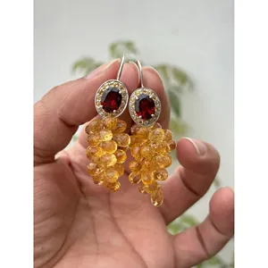 925 <b>Silver</b> Dangle <b>Earrings</b> with Garnet & Citrine Beads Bohemian Style Drop <b>Hoop</b> <b>Earrings</b> for Christian Occasions & Parties - Product Image 1