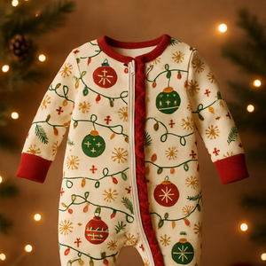 Pelele de algodón de Navidad Pelele de vacaciones rojo con doble cremallera Comodidad - Product Image 1