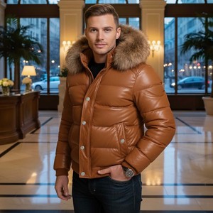 Chaqueta de Cuero Acolchada para Hombre con Capucha de Piel de Zorro, Transpirable, con Estampado a Cuadros, Chaqueta Casual de Verano - Product Image 1