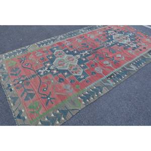 Alfombra Kilim turca Vintage, diseño de retales rojo y azul, 5,2x10,4 pies, tejido plano, respaldo de látex de lana para pasillo, habitación de adolescentes, 10mm - Product Image 2