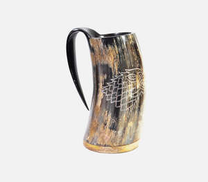 แก้วเขาควายแท้ทำมือระดับพรีเมียม พร้อมลายสลักหัวหมาป่าแบบดั้งเดิม สำหรับดื่มเบียร์ - Product Image 1