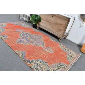 Alfombra de lana Vintage naranja y Beige, 4,1x7,7 pies, clásica, área grande, patrón de pasillo rectangular turco para dormitorio con respaldo de látex - Product Image 5