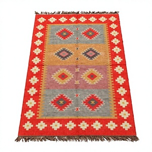 Alfombra Tradicional Kilim Dhurrie Hecha a Mano, Tejido Plano de Lana/Seda, Patrón Geométrico, Ecológica, Apta para Mascotas, para Sala de Estar o Dormitorio - Product Image 1