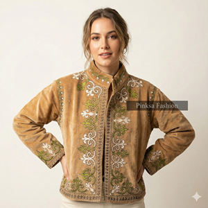 Veste en velours de coton tricoté brodé de fleurs bleues en gros pour femmes, style ethnique suzani fait à la main, manteau d'hiver, vêtements d'extérieur - Product Image 1