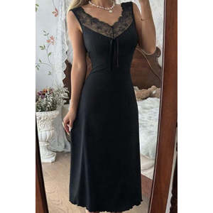 Chemise de nuit longue côtelée épaisse pour femme Jane's, col en dentelle délicat, bretelles réglables, douce et respirante en Spandex/Coton - Product Image 3
