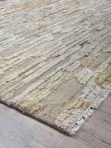 Hand Knotted Hi-Low Pile Wool & Silk Rug - Modern Abstract Neutral Beige, Grey & <b>Pastel</b> Pink Designer Carpet - Product Image 3