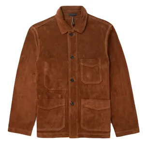 Куртка-бомбер мужская с отложным воротником, Классическая удобная куртка из коричневой замши, кожаный Пилот из козьей кожи, на заказ