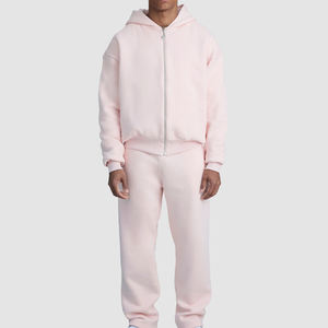 2025 ensemble deux pièces personnalisé 100% coton sweat à capuche en éponge française ensembles zippés bleu lavage Dtg imprimé pantalon coupe ample survêtement pour hommes - Product Image 1