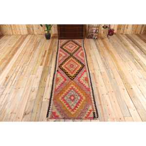 Turkish Vintage <b>Runner</b> Rug 2.9x10.4 ft, <b>Red</b> Orange Solid Wool Rug - Product Image 1