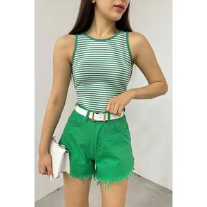 Blusa a canotta aderente con scollo all'americana manica girocollo a righe verde bianco