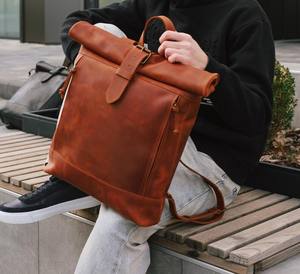 Sac à dos de voyage en cuir Rolltop fait à la main sac à dos pour ordinateur portable LRTB-0067D - Product Image 4