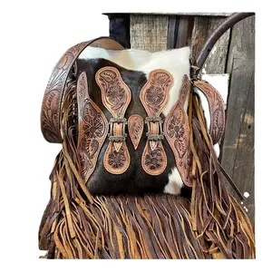 Cowhide Hair On Leather Sunflower Hand Tooled Crossbody Western Style Cowgirl Bag With Long Tassel Custom Made