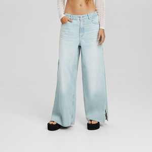 Prix de gros coupe large avec évent latéral Denim Jeans pour femmes respirant dernière conception réglable doux élégant Jeans 2024 - Product Image 1
