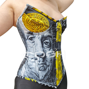 Corset Benjamin Franklin imprimé argent, noir et jaune, dollar américain, sublimé, avec armatures en acier robustes - Product Image 1