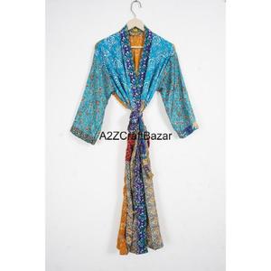 Bata Larga de Seda 100%, Transpirable, Suave, Estilo Bohemio, con Parches, para Mujer, Mangas Largas, Cuello en V, Cierre con Cordón, Informal, Larga - Product Image 1