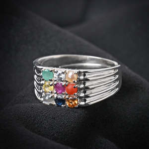 NOVAMART Fine 92.5 Sterling Silver Adjustable <b>Ring</b> for <b>Men</b> Boys Natural Certified Navratna Stone Nine Gems Boho <b>Emerald</b> Cut Plat - Product Image 2